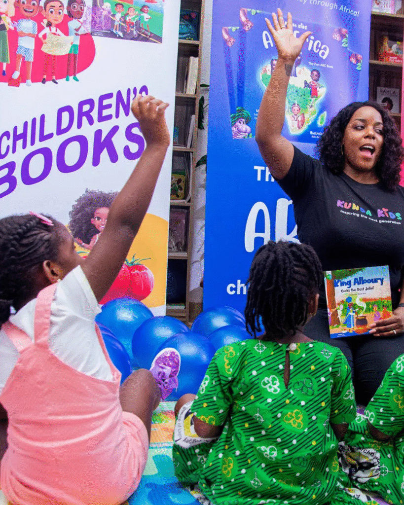 Louisa Kiwana Olafuyi connecting with young readers during an interactive book reading time in Nigeria.